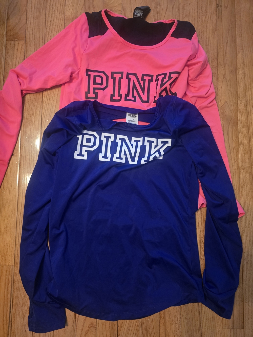 PINK Victoria's Secret Long Sleeve Logo Tees - 2000s Neon Pink & Royal Blue